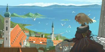 1girl artist_request balcony bang_dream! bang_dream!_it's_mygo!!!!! bird black_gloves blonde_hair bow building chinese_commentary city cloud commentary_request commission day dress facing_away floating_hair from_behind gloves hair_bow highres misumi_uika ocean outdoors railing red_bow red_dress scenery seagull second-party_source short_hair sky solo standing wide_shot wind