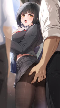 1boy 1girl ass bag black_hair black_pants black_pantyhose black_serafuku black_shirt black_skirt blue_bag blue_sky breasts chikan clothes_lift commentary_request cropped_shirt day from_below grabbing_another's_ass grabbing_from_behind green_eyes groping highres idolmaster idolmaster_cinderella_girls large_breasts light_particles long_sleeves midriff_peek mk_(mod0) molestation open_mouth pants pantyhose people pleated_skirt school_bag school_uniform serafuku sexual_harassment shirt short_hair skirt skirt_lift sky sleeves_rolled_up solo_focus standing sweat takafuji_kako teeth upper_teeth_only white_shirt