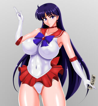 1girl armpits back_bow belt belt_skirt bishoujo_senshi_sailor_moon black_hair bow choker circlet collarbone commentary_request covered_erect_nipples covered_navel earrings elbow_gloves gloves groin hino_rei jewelry leotard long_hair looking_at_viewer nado.e ofuda pleated_skirt pointing pointing_up purple_eyes red_bow red_choker red_sailor_collar red_skirt sailor_collar sailor_mars sailor_senshi_uniform simple_background skirt smile solo star_(symbol) star_earrings thick_thighs thighs white_gloves
