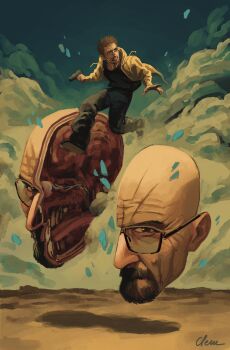 bald beard blonde_hair blue_eyes blue_sky brain breaking_bad brown_eyes cloud cloudy_sky disembodied_head facial_hair fruitofwinter full_body glasses gun highres holding holding_gun holding_weapon jacket jesse_pinkman sky walter_white weapon what