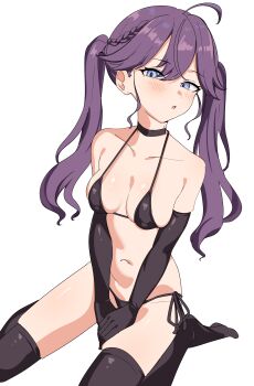 1girl :o absurdres bikini black_bikini black_choker black_gloves black_thighhighs blue_eyes blush breasts choker commentary_request elbow_gloves gakuen_idolmaster gloves highres idolmaster kaya_rinha long_hair looking_at_viewer medium_breasts navel open_mouth paid_reward_available purple_hair seihekiog side-tie_bikini_bottom simple_background sitting solo swimsuit thighhighs thighs twintails wariza white_background