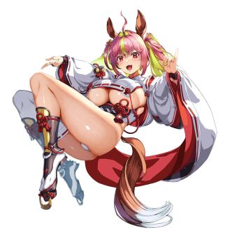 1girl 2026 :d ahoge animal_ears armor asymmetrical_legwear blush breast_curtain breast_curtains breasts chinese_knot chinese_zodiac commentary_request curvy fang fingernails floating full_body furisode_sleeves geta green_hair hair_intakes highres horse_ears horse_girl horse_tail huge_breasts japanese_armor japanese_clothes kimono kosode long_hair looking_at_viewer miko multicolored_hair nishii_(damnedrive) no_pants nontraditional_miko open_mouth original overexposure paid_reward_available panties pink_hair plump red_eyes revealing_clothes shiny_skin sideboob sidelocks simple_background single_thighhigh skin_fang smile socks solo suneate tabi tail tassel tengu-geta thighhighs twintails underboob underbust underwear uneven_legwear white_kimono white_panties white_socks wide_sleeves