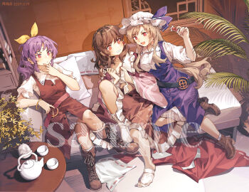 3girls blonde_hair brown_hair candy commission cosplay couch dated dress food furahata_gen hakurei_reimu high_ponytail highres holding holding_candy holding_food houraisan_kaguya houraisan_kaguya_(cosplay) indoors long_hair multiple_girls ponytail purple_dress purple_hair red_dress red_eyes sample_watermark shirt sitting smile table touhou watatsuki_no_toyohime watatsuki_no_yorihime watermark white_shirt