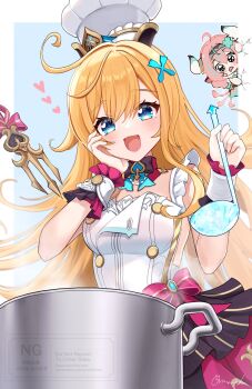 2girls :d ahoge amaneko_(amaneko_y) animal_ears apron aqua_hair black_bow black_bowtie black_headband blonde_hair blue_eyes blue_gemstone blush bow bowtie breasts buttons chibi commentary_request cooking_pot cow_ears cow_girl cow_horns cow_tail crack double-breasted drooling escoffier_(genshin_impact) gem genshin_impact hair_between_eyes hand_on_own_face hat headband heart heart_in_eye highres holding holding_ladle horns ladle long_hair looking_at_viewer medium_breasts mouth_drool multicolored_hair multiple_girls open_mouth pink_hair red_bow smile solo_focus stock_pot streaked_hair symbol_in_eye tail tail_wagging triangle_mouth varesa_(genshin_impact) very_long_hair white_apron white_hat white_wrist_cuffs wrist_cuffs