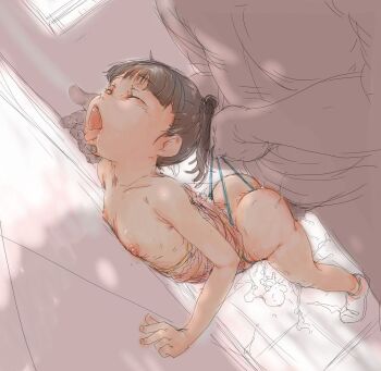 1boy 1girl against_wall age_difference ahegao arched_back ass bent_over body_hair brown_hair censored closed_eyes clothed_female_nude_male clothed_sex collarbone cum cum_overflow cum_pool cumdrip drooling facing_viewer flat_chest full_body hetero holding_detached_head indoors legs_apart loli nipples nose np_(slipbounds) nude open_mouth panties panty_pull penis saliva sex sex_from_behind short_hair short_twintails socks solo_focus tagme tiptoes tongue tongue_out twintails underwear wedgie