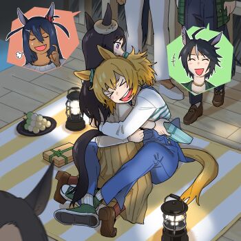 >_< +++ 4girls :d alternate_costume animal_ears black_hair blonde_hair blue_overalls blurry blurry_foreground box brown_hair casual closed_eyes commentary_request dango dark-skinned_female dark_skin fang food fuji_kiseki_(umamusume) furrowed_brow gift gift_box grey_hair happy highres hishi_amazon_(umamusume) holding holding_box holding_gift horse_ears horse_girl horse_tail ike_(user_hmra7432) kneeling lamp long_hair long_sleeves looking_at_another mejiro_dober_(umamusume) multicolored_hair multiple_girls open_mouth overalls pants puff_of_air sanshoku_dango shoes sitting skewer smile standing sweater taiki_shuttle_(umamusume) tail tearing_up two-tone_hair umamusume wagashi xd