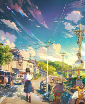 1girl bag black_socks blue_skirt blue_sky bridge building cable-stayed_bridge cloud commentary_request highres house kei_truck moped motor_vehicle mountainous_horizon original outdoors pickup_truck power_lines radio_antenna ryowelcome1 scenery school_bag school_uniform shirt short_hair sideways_glance signature skirt sky socks solo tree truck utility_pole vanishing_point walking white_shirt