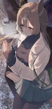 1girl absurdres animal_ears black_pantyhose black_skirt black_sweater braid breasts breath brown_coat coat commentary_request ear_ornament from_above hair_between_eyes half_up_braid highres horse_ears horse_girl horse_tail large_breasts long_hair miniskirt open_clothes open_coat open_mouth own_hands_together pantyhose pleated_skirt rain_yadori ribbed_sweater satono_diamond_(umamusume) skirt sleeves_past_wrists solo standing sweater tail turtleneck turtleneck_sweater umamusume winter_clothes winter_coat