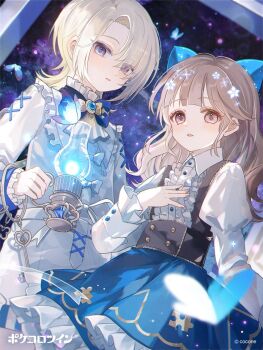 2girls blonde_hair blue_eyes bow bow_on_head bowtie brown_eyes brown_hair bug butterfly collar frilled_collar frilled_shirt frills holding holding_lantern insect lantern long_hair multiple_girls namiki_itsuki pokecolo_twin puffed_sleeves ribbon shirt short_hair skirt sky sparkle star_(sky) starry_sky vest waistcoat