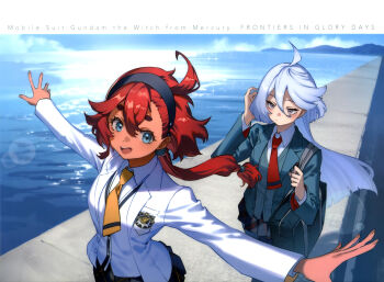 2girls :d :| absurdres ahoge bag black_hairband blue_sky boardwalk cardigan closed_mouth collared_shirt copyright_name dark-skinned_female dark_skin day green_cardigan green_jacket grey_eyes gundam gundam_suisei_no_majo gundam_suisei_no_majo:_seishun_frontier hair_between_eyes hairband highres jacket long_hair long_sleeves low_ponytail magazine_scan miorine_rembran mogumo multiple_girls necktie newtype ocean official_art open_clothes open_jacket open_mouth outdoors outstretched_arms plaid_clothes plaid_skirt pleated_skirt ponytail red_hair red_necktie scan school_bag school_uniform shirt skirt sky smile suletta_mercury teeth third-party_source upper_teeth_only walking white_cardigan white_hair white_jacket white_shirt wing_collar yellow_necktie