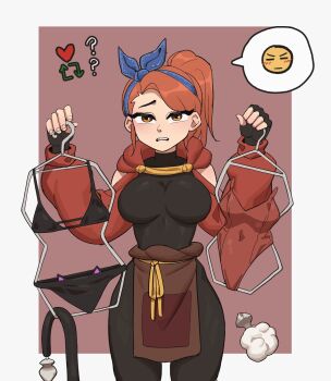 1girl anal_beads anal_tail apron bikini black_bikini black_gloves blue_ribbon bodystocking border breasts brown_apron brown_background butt_plug clothes_hanger commentary cowboy_shot english_commentary fake_tail fingerless_gloves gloves hair_ribbon highres holding holding_clothes_hanger hooded_shrug hyyun_ho june_(hyyun_ho) large_breasts leotard like_and_retweet long_hair long_sleeves looking_at_viewer orange_eyes orange_hair original outside_border ponytail red_leotard red_shrug ribbon shrug_(clothing) solo spoken_emoji swimsuit swimsuit_hanger tail unworn_bikini unworn_butt_plug unworn_leotard waist_apron white_border