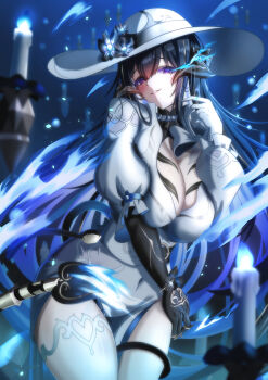 1girl absurdres black_hair breasts cleavage constance_(honkai:_star_rail) dress flower gloves hat hat_flower highres honkai:_star_rail honkai_(series) horns kappaako large_breasts long_hair looking_at_viewer mole mole_under_eye multicolored_hair purple_eyes smile solo thighs very_long_hair white_dress white_hat