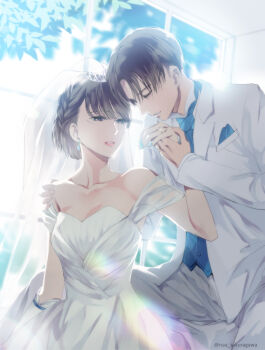 1boy 1girl :d affair asymmetrical_gloves bad_id bad_pixiv_id bad_tag betrayal braid breasts brown_eyes brown_hair cheating_(relationship) cleavage collarbone disgrace disgust dress elbow_gloves gloves hand_on_another's_shoulder holding holding_wand incest incest_marriage incestuous incestus infidelity jacket jewelry levi_(shingeki_no_kyojin) long_dress long_sleeves medium_breasts mikasa_ackerman netorare netorase off_shoulder open_clothes open_jacket open_mouth out_of_character pants parted_lips ring sakuragawanaa shingeki_no_kyojin short_hair single_glove sleeveless sleeveless_dress smile uneven_gloves unfaithful wand wedding_band wedding_dress white_dress white_gloves white_jacket white_pants