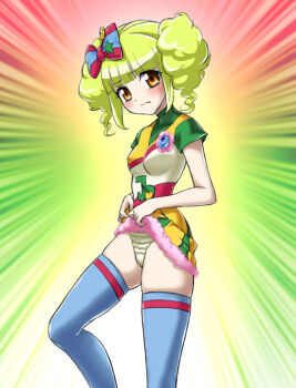 Rule 34 | 1girl, arisugawa aoi, blonde hair, blue thighhighs, blush, clothes lift, female focus, hair ribbon, hajime (caramel toone), jewelpet, jewelpet (series), miniskirt, panties, ribbon, skirt, skirt lift, solo, thighhighs, twintails, underwear