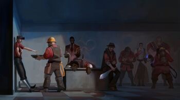 Rule 34 | 6+boys, absurdres, against wall, balaclava, bald, bandolier, baseball cap, belt, brown vest, cargo pants, ceiling, cigarette, coat, commentary, corpse, crossed arms, dark, dark skin, death, demoman (tf2), engineer (tf2), english commentary, eyepatch, facial hair, fingerless gloves, flamethrower, full body, glasses, gloves, gun, hand on own arm, hand on own chest, hard hat, hat, hazmat suit, heavy (tf2), helmet, highres, holding, holding cigarette, holding flamethrower, holding gun, holding sword, holding weapon, indoors, knife, kukri, lab coat, looking at another, male focus, medic (tf2), multiple boys, on table, outstretched arm, oxygen tank, pants, pants tucked in, pointing, pointing at another, pyro (tf2), red coat, red demoman (tf2), red engineer (tf2), red gloves, red heavy (tf2), red medic (tf2), red pyro (tf2), red scout (tf2), red shirt, red sniper (tf2), red soldier (tf2), red spy (tf2), scout (tf2), shirt, shoes, short hair, short sleeves, shotgun, smoking, sniper (tf2), socks, soldier (tf2), sprimesart, spy (tf2), stab, standing, stubble, sword, table, team fortress 2, tile floor, tiles, vest, weapon, white socks, wide shot