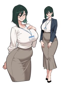 1girl absurdres blue_jacket breasts brown_skirt collarbone commentary english_commentary full_body green_eyes green_hair highres jacket lanyard large_breasts long_skirt long_sleeves looking_at_viewer medium_hair nokaa_aru original shirt simple_background skirt smile solo stomach teeth upper_teeth_only white_background white_shirt