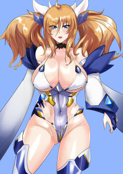 1girl blonde_hair breasts curvy highleg highleg_leotard huge_breasts impossible_clothes impossible_leotard leotard looking_at_viewer onizaki_kirara revealing_clothes shiny_skin simple_background smile solo taimanin_(series) taimanin_rpgx thong_leotard two_side_up wide_hips