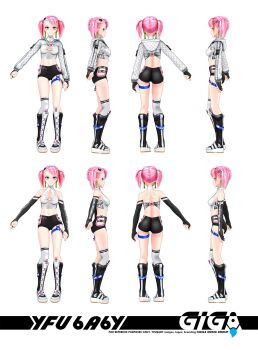 1girl 3d ass black_gloves blue_eyes character_name reference_sheet commentary digitrevx earrings elbow_gloves english_commentary gloves grey_hoodie halterneck highres hood hoodie indie_virtual_youtuber jewelry multiple_views official_art open_hand parted_lips partially_fingerless_gloves smile twintails virtual_youtuber white_background yfu