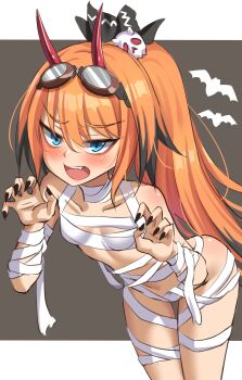 1girl absurdres bandages black_hair black_nails blue_eyes blush breasts buwad demon_girl demon_horns gal_guardians gal_gun_(series) goggles goggles_on_head highres horns multicolored_hair mummy_costume naked_bandage orange_hair ponytail small_breasts zuzu_(galgun)