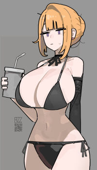 1girl alternate_breast_size_(larger) arm_behind_back azz0422 bikini black_bikini black_gloves blonde_hair breasts closed_mouth collarbone commentary cowboy_shot cup drinking_glass drinking_straw earrings elbow_gloves evelyn_chevalier gloves grey_background highres holding holding_cup huge_breasts jewelry navel purple_eyes qr_code single_elbow_glove solo sweatdrop swimsuit zenless_zone_zero