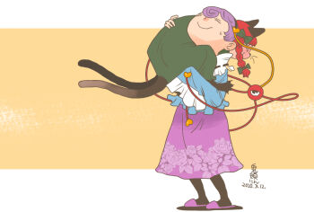 2girls animal_ears black_hairband blue_shirt blunt_bangs bow braid carrying carrying_person cat_ears cat_girl cat_tail closed_eyes closed_mouth commentary_request dated dress fireman&#039;s_carry floral_print floral_print_skirt full_body green_bow green_dress hair_bow hair_ornament hairband heart heart_hair_ornament kaenbyou_rin komeiji_satori multiple_girls multiple_tails onikobe_rin print_skirt purple_skirt purple_slippers red_hair shirt short_hair skirt sleeves_past_fingers sleeves_past_wrists slippers smile standing tail third_eye touhou twin_braids two-tone_background two_tails yellow_background