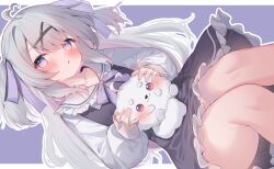 Rule 34 | 1girl, :o, ahoge, blush, bow, bowtie, collarbone, commission, dress, dutch angle, eip (pepai), frilled dress, frills, grey hair, hair ornament, hair ribbon, holding, holding stuffed toy, indie virtual youtuber, looking at viewer, purple background, purple bow, purple eyes, purple ribbon, ribbon, sailor collar, shironoha ito, skeb commission, solo, stuffed toy, thighs, two-tone dress, two side up, virtual youtuber, white sailor collar, x hair ornament