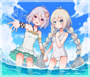 Rule 34 | 2girls, antenna hair, armlet, beads, blue eyes, blue sky, braid, closed mouth, cloud, elf, flower, frilled one-piece swimsuit, frills, green one-piece swimsuit, grey hair, hair beads, hair between eyes, hair flower, hair ornament, highres, holding hands, jewelry, kokkoro (princess connect!), kokkoro (real) (princess connect!), kokkoro (summer) (princess connect!), light smile, long hair, low twin braids, multiple girls, name tag, ocean, one-piece swimsuit, open mouth, outstretched hand, pink eyes, pointy ears, princess connect!, rii (metro electro), school swimsuit, sky, swimsuit, swimsuit skirt, twin braids, very long hair, wading, white one-piece swimsuit