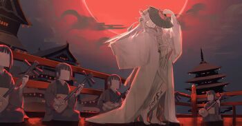 Rule 34 | 5girls, alt (apou), architecture, arm up, bachi, barefoot, black hair, black haori, black kimono, blunt ends, building, cloud, commentary, covered face, east asian architecture, fangs, flower knot, folding fan, full body, gradient sky, hair ornament, hair stick, hand fan, haori, highres, holding, holding fan, holding plectrum, horns, instrument, japanese clothes, kimono, leg tattoo, long hair, long sleeves, looking at viewer, multiple girls, music, oni, original, paper fan, paper on head, parted lips, playing instrument, plectrum, railing, red sky, seiza, shamisen, short hair, sitting, skin-covered horns, sky, standing, tattoo, white hair, white kimono, wide sleeves, yellow eyes