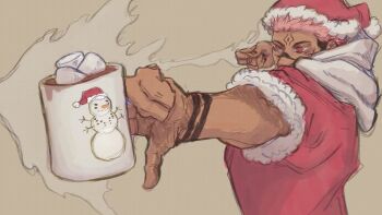 1boy brown_background character_snowman extra_eyes facial_tattoo food hat highres hot_chocolate hot_drink itadori_yuuji jujutsu_kaisen marshmallow pink_hair ringed_eyes ryoumen_sukuna_(jujutsu_kaisen) sailorpaintx santa_costume santa_hat scene_reference steam tan tattoo wrist_tattoo