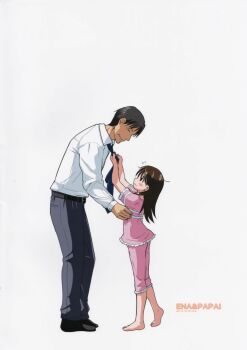 1boy 1girl adjusting_another&#039;s_clothes adjusting_clothes adjusting_necktie ayase_ena barefoot belt bizen black_hair blush brown_eyes brown_hair character_name closed_eyes cover father_and_daughter feet flying_sweatdrops formal_clothes highres leaning_forward long_hair mr_ayase necktie no_shoes pajamas pants pink_pajamas plantar_flexion scan shirt short_hair smile socks standing tying_necktie white_background yotsubato!