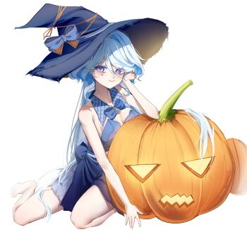 Rule 34 | 1girl, absurdres, bare shoulders, blue dress, blue eyes, blue gem, blue hair, blver, brooch, detached collar, dress, drop-shaped pupils, furina (genshin impact), gem, genshin impact, halloween, hat, heart, heart tattoo, heterochromia, highres, jack-o'-lantern, jewelry, large hat, light blue hair, long hair, looking at viewer, mismatched pupils, multicolored hair, pumpkin, sleeveless, sleeveless dress, solo, streaked hair, symbol-shaped pupils, tattoo, witch hat