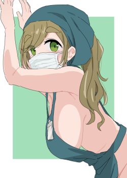 1girl apron bandana breasts brown_hair dateroonyan green_eyes inuyama_aoi large_breasts long_hair looking_at_viewer mask mouth_mask naked_apron side_ponytail sideboob solo thick_eyebrows yurucamp