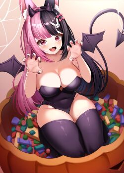 1girl absurdres animal_ear_fluff animal_ears biyo_yoo black_hair black_leotard black_nails black_thighhighs blush breasts bucket candy cleavage commentary demon_horns demon_tail demon_wings english_commentary fake_horns fake_tail fake_wings fang fingernails food halloween_bucket hands_up highres horns in_bucket in_container indie_virtual_youtuber large_breasts leotard long_hair looking_at_viewer marshie_(vtuber) multicolored_hair nail_polish open_mouth pink_hair pink_nails rabbit_ears rabbit_girl red_eyes second-party_source skin_fang smile solo split-color_hair strapless strapless_leotard swept_bangs tail thighhighs thighs two-tone_hair virtual_youtuber wings