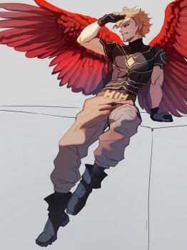 Rule 34 | 1boy, black boots, black gloves, blonde hair, boku no hero academia, boots, facial hair, feathered wings, feathers, full body, gloves, grey pants, hashtag-only commentary, hawks (boku no hero academia), highres, invisible chair, looking to the side, male focus, pants, red feathers, red wings, ruuhlid, short hair, sitting, smile, spiked hair, stubble, teeth, wings