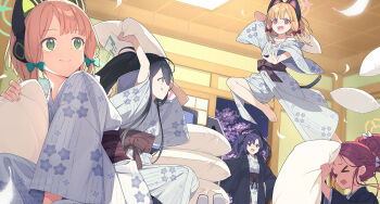 Rule 34 | 5girls, animal ear headphones, animal ears, aris (blue archive), black hair, black kimono, blonde hair, blue archive, blush, breasts, cat ear headphones, cat ears, closed eyes, fake animal ears, green eyes, headphones, japanese clothes, kimono, layered kimono, long hair, long sleeves, midori (blue archive), momoi (blue archive), multiple girls, open mouth, pillow, pillow fight, pink eyes, purple eyes, purple hair, red hair, saipaco, short hair, small breasts, smile, white kimono, wide sleeves, yuuka (blue archive), yuzu (blue archive)