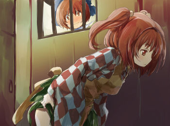 2girls apron blush bow clothes_lift female_pervert floating_head from_side hair_bobbles hair_bow hair_ornament indoors lifting_own_clothes motoori_kosuzu multiple_girls pervert red_eyes red_hair sekibanki skirt skirt_lift toilet_use touhou twintails v-shaped_eyebrows wide-eyed yohane yuri