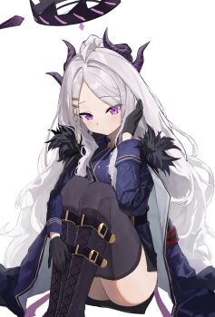 1girl absurdres ahoge ass black_gloves black_halo black_horns black_skirt black_thighhighs blue_archive boots breasts coat coat_on_shoulders demon_girl demon_horns demon_wings forehead gloves grey_hair hair_ornament hairclip halo highres hina_(blue_archive) horns lao_wo long_hair long_sleeves low_wings miniskirt multiple_horns parted_bangs pencil_skirt purple_eyes sitting skirt small_breasts solo thighhighs very_long_hair white_hair wings