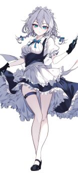 1girl absurdres apron back_bow black_gloves black_shoes blue_bow blue_bowtie blue_dress blue_eyes bow bowtie braid breasts closed_mouth collared_shirt commentary_request dress frilled_dress frills full_body gloves grey_hair hair_bow highres holding holding_knife izayoi_sakuya knife long_hair looking_at_viewer maid maid_headdress mary_janes medium_breasts puffy_short_sleeves puffy_sleeves shirt shoes short_sleeves simple_background smile solo stitched thigh_strap third-party_edit touhou twin_braids waist_apron white_apron white_background white_shirt yamanakaume