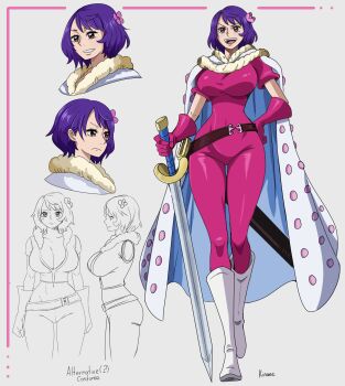 1girl absurdres artist_name bodysuit boots breasts cape charlotte_custard cleavage commentary_request dress full_body gloves hair_ornament highres holding holding_sword holding_weapon kinaee large_breasts multiple_views one_piece open_mouth pink_gloves purple_hair reference_sheet short_sleeves solo standing sword tall_female weapon white_boots