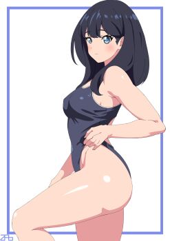 1girl adjusting_clothes adjusting_swimsuit artist_logo ass bad_perspective bare_hips black_hair blue_border blue_eyes blue_one-piece_swimsuit blush border breasts closed_mouth covered_erect_nipples covered_navel dot_nose eyelashes feet_out_of_frame female_focus from_side gridman_universe highleg highleg_one-piece_swimsuit knee_up logo long_hair looking_at_viewer looking_to_the_side medium_breasts one-piece_swimsuit simple_background solo ssss.gridman standing swimsuit takarada_rikka turning_head white_background zabbraea