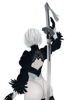 1girl 2b_(nier:automata) ass back back_cutout black_hairband black_thighhighs clothing_cutout curvy facing_away feather-trimmed_sleeves from_behind gloves hairband highleg highleg_leotard highres juliet_sleeves leotard long_sleeves mitsuki_nite nier nier:automata nier_(series) puffy_sleeves short_hair solo thighhighs thighs thong_leotard weapon white_hair white_leotard wide_hips