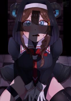 1girl absurdres adapted_costume ahoge black_dress blue_eyes blush braid breasts commentary_request cross dress gloves hair_ribbon highres hofuneko horns indoors kantai_collection large_breasts long_hair long_sleeves multiple_girls nun nun_headdress open_mouth pelvic_curtain ribbon sailor_collar sexually_suggestive shigure_(kancolle) shigure_kai_ni_(kancolle) single_braid single_thighhigh sitting solo sweatdrop thighhighs trembling wariza white_gloves white_sailor_collar