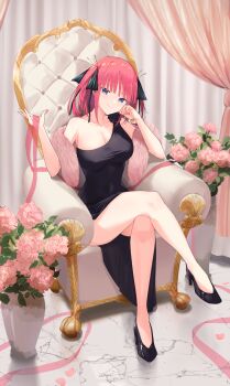 1girl bare_legs black_dress black_footwear blue_eyes breasts butterfly_hair_ornament chair cleavage closed_mouth collarbone crossed_legs curtains dress dress_flower elbow_rest feather_boa flower full_body go-toubun_no_hanayome hair_ornament hand_on_own_face head_tilt high_heels highres holding holding_ribbon indoors large_breasts legs looking_at_viewer marble_(stone) marble_floor nakano_nino on_chair pink_flower pink_hair pink_ribbon plant potted_plant profnote ribbon short_hair side_slit single-shoulder_dress single_bare_shoulder sitting sleeveless sleeveless_dress smile solo vase