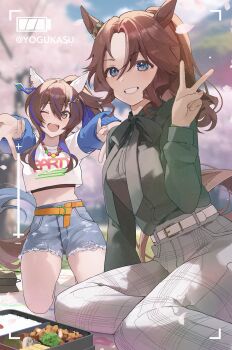 Rule 34 | 2girls, absurdres, animal ears, belt, bento, blue eyes, blue hair, bow, bowtie, brown eyes, brown hair, casual, crop top, daitaku helios (casual) (umamusume), daitaku helios (umamusume), denim, denim shorts, double v, ear covers, green shirt, highres, horse ears, horse girl, kneeling, layered shirt, long sleeves, mejiro palmer (casual) (umamusume), mejiro palmer (umamusume), midriff, multicolored hair, multiple girls, official alternate costume, one eye closed, pants, parted bangs, picnic, ponytail, shirt, short shorts, shorts, sitting, streaked hair, umamusume, v, viewfinder, yogukasu