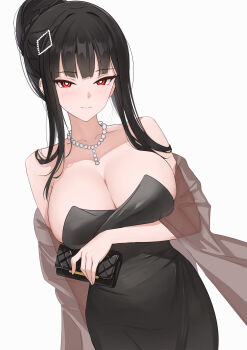 1girl arm_under_breasts bare_shoulders bead_necklace beads blue_archive blush breasts brown_jacket cleavage closed_mouth commentary dress hair_bun highres holding holding_wallet isokaze12 jacket jewelry large_breasts long_hair looking_at_viewer necklace official_alternate_costume official_alternate_hairstyle open_clothes open_jacket red_eyes rio_(blue_archive) rio_(dress)_(blue_archive) see-through_clothes see-through_jacket sleeveless sleeveless_dress smile solo strapless strapless_dress wallet