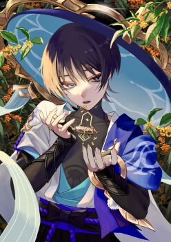 Rule 34 | 1boy, armor, belt, black belt, black bodysuit, black bow, black bridal gauntlets, black hair, blue cape, blue hat, blue kimono, blue sleeves, bodysuit, bow, bridal gauntlets, cape, covered collarbone, empty eyes, eyeliner, falling flower, falling petals, feathers, fingernails, flower, furisode, genshin impact, glint, gold, gold ring, hat, highres, japanese armor, japanese clothes, jingasa, juban, kimono, kote, kurokote, layered sleeves, leaf, looking at viewer, makeup, male focus, middle ring, open clothes, open hands, open kimono, open mouth, outdoors, petals, plant, pom pom (clothes), purple eyes, purple rope, purple sash, red eyeliner, rope, sash, scaramouche (genshin impact), short sleeves, shoulder peek, sidelighting, solo, tilted headwear, tsurime, uneven eyes, upper body, uragoi, wanderer (genshin impact), white kimono, white sleeves, white trim, wispy bangs, yellow feathers, yellow flower, yellow petals