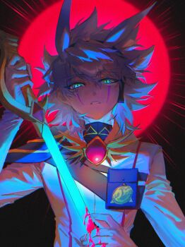 Rule 34 | 1boy, alien 888, antenna hair, armor, belt pouch, black background, black shirt, blood, blood on hands, bloody weapon, blue hair, coat, facial mark, facing viewer, gem, green eyes, hair slicked back, hand on weapon, headphones, high contrast, highres, holding, holding sword, holding weapon, long sleeves, looking at viewer, male focus, parted lips, pouch, red gem, red sun, shirt, shoulder armor, sleeves past wrists, spiked hair, sun, sword, teardrop, upper body, weapon, white coat, yu-gi-oh!, yu-gi-oh! go rush!!, yudias velgear