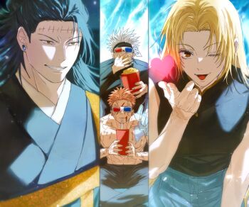 1girl 3boys 3d_glasses black_hair black_jacket black_kimono black_pants black_shirt blonde_hair blue_background blue_pants brown_eyes cup ear_piercing food getou_suguru getou_suguru_(kenjaku) gojou_satoru grin hair_bun hair_pulled_back hand_up heart highres holding holding_cup holding_food itadori_yuuji jacket japanese_clothes jujutsu_kaisen kenjaku kimono long_hair multiple_boys one_eye_closed open_mouth pants piercing pink_hair popcorn scar scar_on_face shirt sleeveless sleeveless_shirt smile split_screen teeth topless_male tsukumo_yuki_(jujutsu_kaisen) white_hair yoon_(dmsco1803)