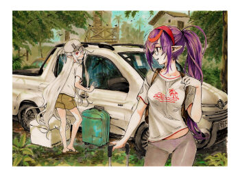 2girls baseball_cap border brown_shorts car closed_mouth collarbone commentary day english_commentary eudetenis expressionless flip-flops glasses grey_car grey_hair grey_hat grey_pants grey_shirt hairband hat highres long_hair looking_at_another looking_to_the_side marker_(medium) motor_vehicle multiple_girls original outdoors pants pointy_ears ponytail print_shirt purple_hair red_eyes red_hairband round_eyewear sandals shirt short_shorts short_sleeves shorts sidelocks simple_bird slice_of_life standing straight_hair suitcase t-shirt traditional_media truck turning_head very_long_hair white_border