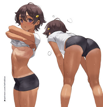 1girl ass black_hair black_shorts breasts cameltoe clothes_lift dark-skinned_female dark_skin hair_between_eyes hair_ornament highres lifting_own_clothes looking_at_viewer make_heroine_ga_oo_sugiru! medium_breasts navel patreon_username purple_eyes shirt shirt_lift short_hair short_shorts shorts simple_background sweat tan tanline underboob undressing white_background white_shirt yakishio_lemon zefrableu